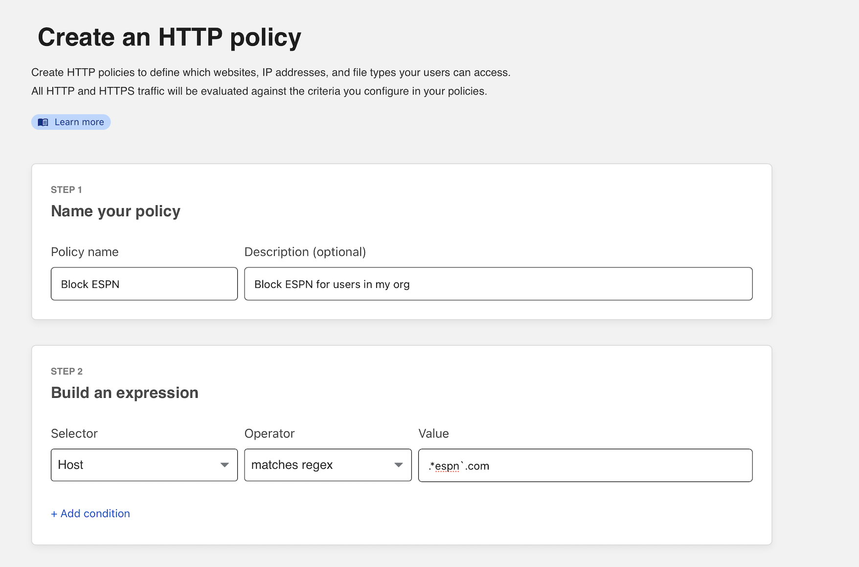 Workflow for creating a new HTTP policy using the matches regex operator.