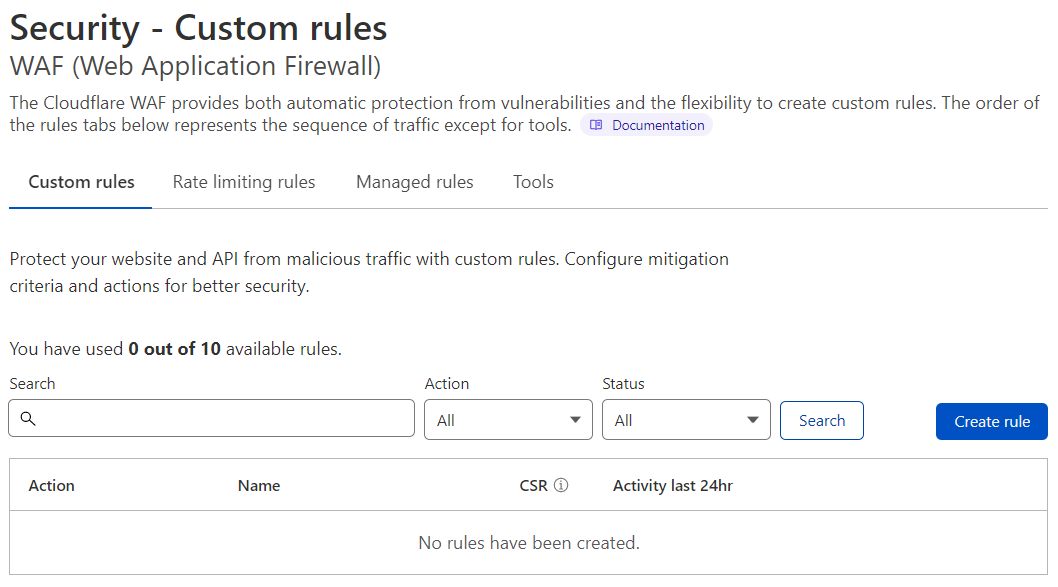 The Custom rules tab, available in the Cloudflare dashboard under Security &gt; WAF.