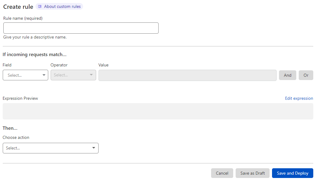 Custom rule creation page in the Cloudflare dashboard