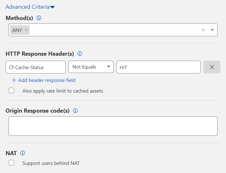 Campos disponíveis ao configurar os critérios avançados para uma regra de limitação de taxa.