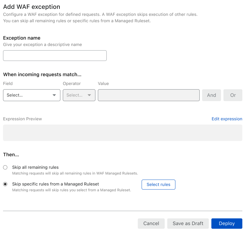 The Add exception page in the Cloudflare dashboard